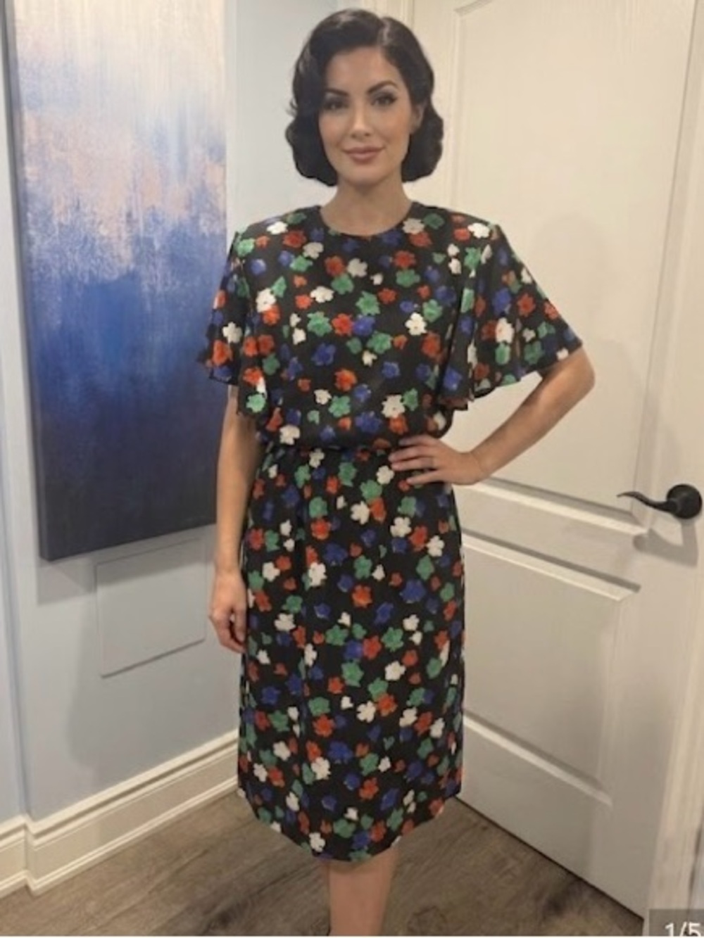 Vintage Floral Black Midi Dress with Multicolour Blooms